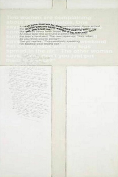 Richard Prince, Untitled (Protest Painting), 1990, acrylic, silkscreen, graphite and paper on canvas, 97 x 46 cm, ©Richard Prince, Courtesy of Skarstedt