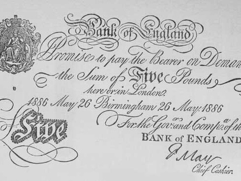 Targa contraffatta del XIX secolo per una banconota da cinque sterline della Banca d'Inghilterra. Pubblicata per la prima volta in “Bidwell's Travels, from Wall Street to London Prison Fifteen Years in Solitude”