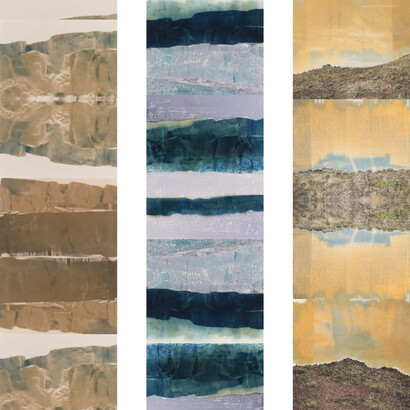 Megan Berner, 3 of the fabric panels with digital prints made from digital photographs and cyanotypes (imagery of landscapes), 2023, 44 width x 13 height. Courtesy of the artist and Melhop Gallery °7077