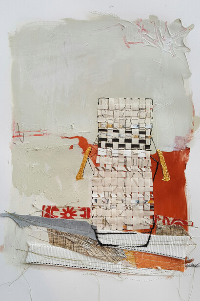 Ashley Sauder Miller. Woven Lawn Chair (Copper), 2017. Acrylic, oil bar, oil pastel, woven paper, sewn paper and fabric on paper. 12