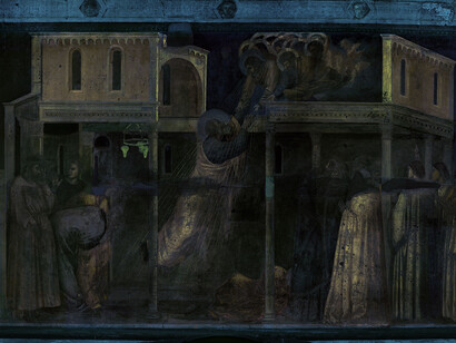 Firenze. Santa Croce, cappella Peruzzi. Giotto,
Ascensione di san Giovanni Evangelista
Documentazione fotografica a luce visibile e della fluorescenza da ultravioletti del ciclo pittorico di Giotto: Art Imaging di  Annette Keller 

