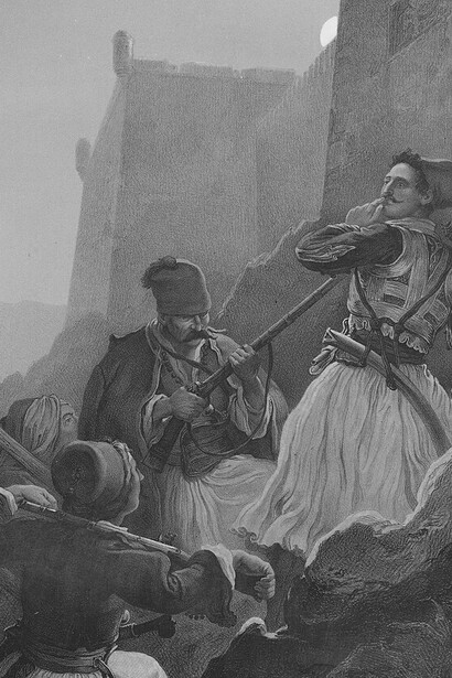 Staikos Staikopoulos captures the Palamidi fortress by surprise during the Greek Revolution, as illustrated in a drawing