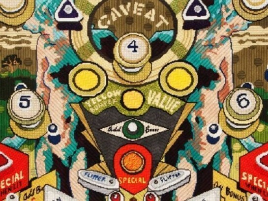 Maria E. Piñeres, Caveat (May He Beware), 2013, cotton floss on plastic mounted on wood panel, 25 x 41"