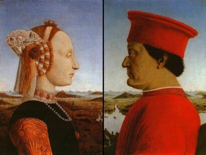 Firenze, Galleria degli Uffizi, a sinistra Ritratto di Battista Sforza (Piero della Francesca, post 1472), a destra Ritratto di Federico da Montefeltro (Piero della Francesca, ante 1467).