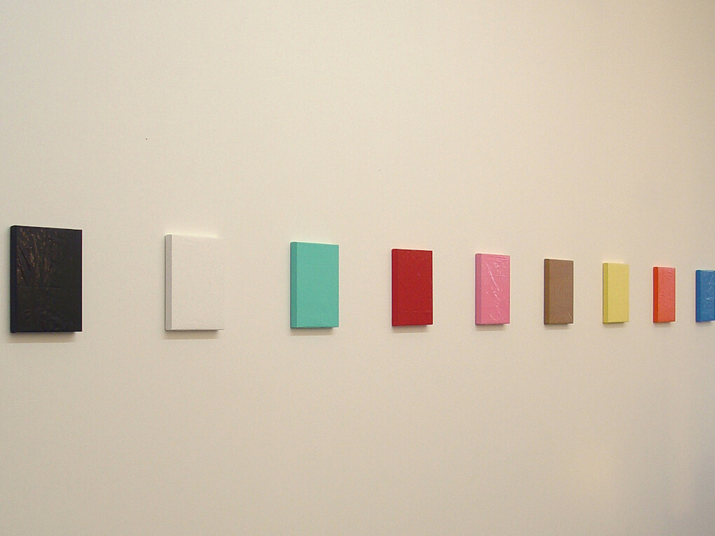 Matthew Deleget, I Love You, 2007, Used plastic shopping bags in 9 colors mounted on 9 panels, Dimensions variable