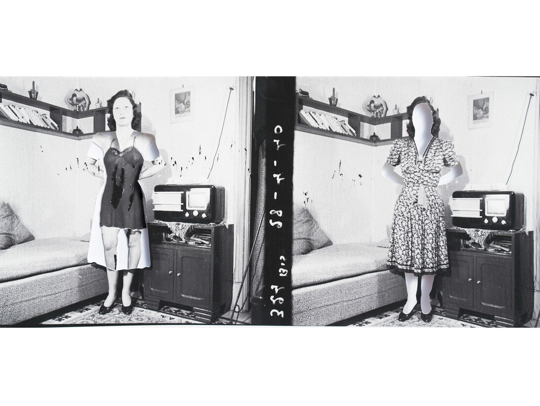 Yesmine Ben Khelil, Une femme, une chemise de nuit (I), 2015, Mixed media, 12h x 27w cm, Unique, Vintage image sourced from Beit el Bennani, courtesy of the artist and Selma Feriani Gallery