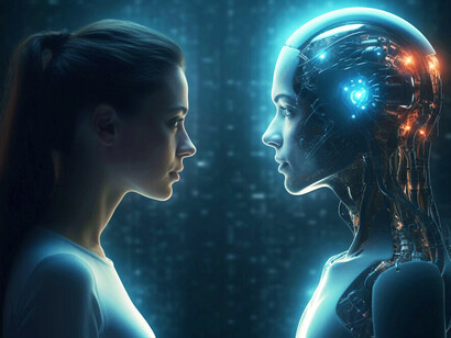 A visual representation of AI learning, showing a human and robot side by side, highlighting the synergy between human intellect and artificial intelligence