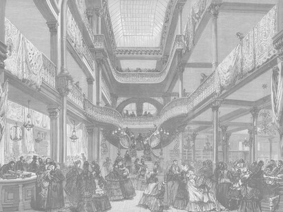 Hubert Clerget; Le Bon Marché, vista interior, litografía de 1872