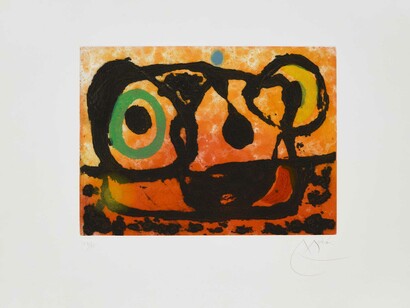 Tête au Soleil Couchant, Joan Miro, 1967
Aquatint with carborundum
Paper 50.0 x 66.0 cm / Image 28.0 x 38.0 cm
Edition of 75