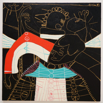 Adébayo Bolaji, Mother Holds Son, 2023, acrylic and oil pastel on cotton canvas, 200x200cm. Courtesy the artist and Galerie Kremers