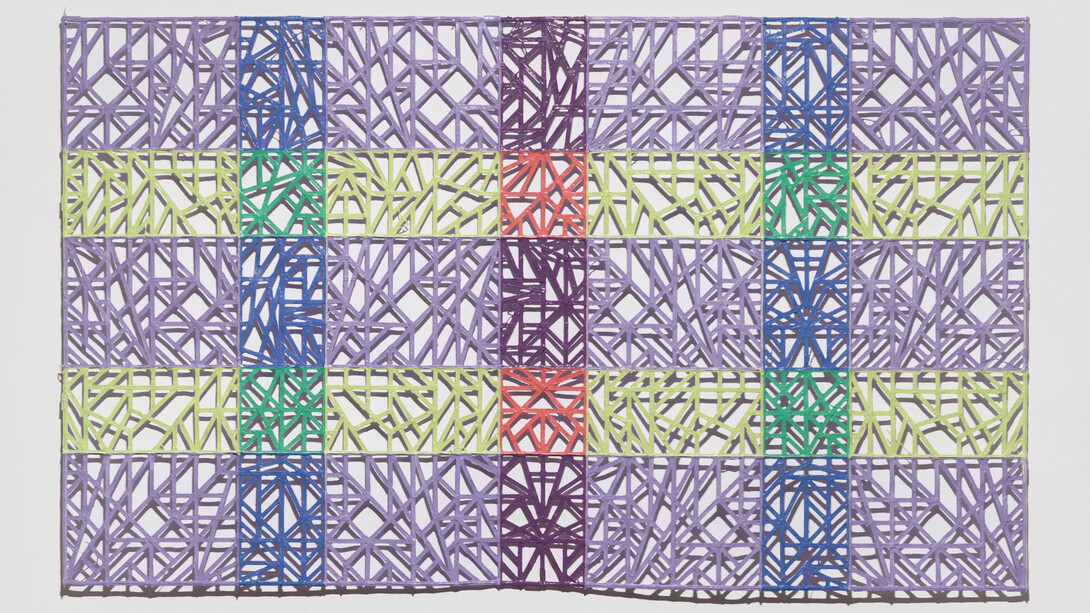 Johnathan Payne, Lavender Legacy, 2023, acrylic and thread on shredded-and-collaged paper, 39x66 inches, signed and dated verso. Courtesy of the artist and Foxy Production