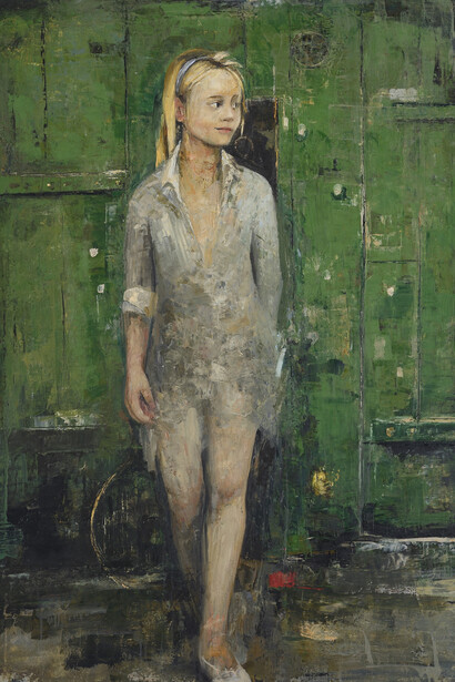 ĠOXWA,The Girl Behind the Last Door, Oil and wax on canvas, 38" x 51" (97 x 130cm)