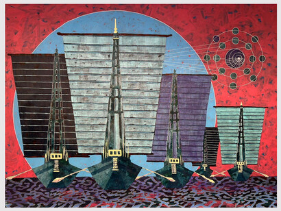 Jamal Bassiouni, The Red orbits (detail), 2024. Acrylic on Canvas, 120 X 146 cm. Courtesy of the artist and Artbooth Gallery