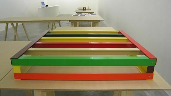 Liam Gillick, Literally Based on H.Z., 2006
Mdf, deal, water cut painted aluminium, powder coated aluminium, various transparent and opaque Plexiglas sheets, Slotted Brise Soleil detail, black Plexiglas, red Plexiglas, Dimensions variable, Collection Irish Museum of Modern Art, Purchase, 2007