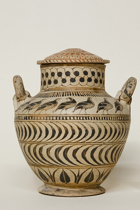 Stamnos du style de Fikellura - frise de perdrix sur l’épaule, puis bandes de demi-lunes et de fleurs de lotus, tresse sur le col, Argile, h. 21 ; d. 16,9 cm, Découverte : Ialysos, Marmaro, tombe 10/production : Milet, 550-530 av. J.-C. Fouilles italiennes, 1934, ©22e Éphorie des Antiquités, Rhodes / G.Kassiotis