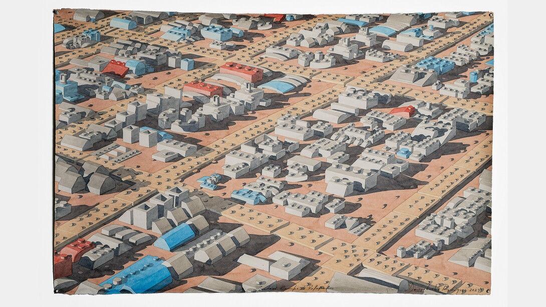 Dagoberto Rodríguez, Zaatari Refugee Camp, 2024, Watercolour on paper, 66,5 x 103 cm (unframed),80 x 118 cm (framed). Courtesy of Piero Atchugarry Gallery and the Artist
