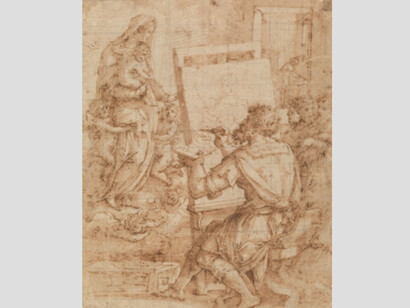 San Lucas pintando a la Virgen, 1567 - 1572. Aguada, Lápiz, Pluma, Tinta parda sobre papel agarbanzado, 264 x 214 mm. Courtesy of Museo del Prado
