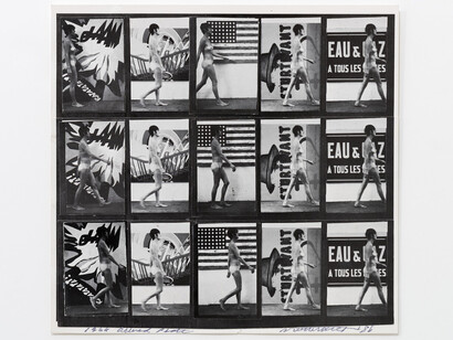 Sturtevant, Muybridge Plate #97 Woman Walking, Print, collage, 21 x 21,5 cm (8,27 x 8,46 in)/32,5 x 32,8 cm (12,8 x 12,91 in). Courtesy of Galerie Thaddaeus Ropac