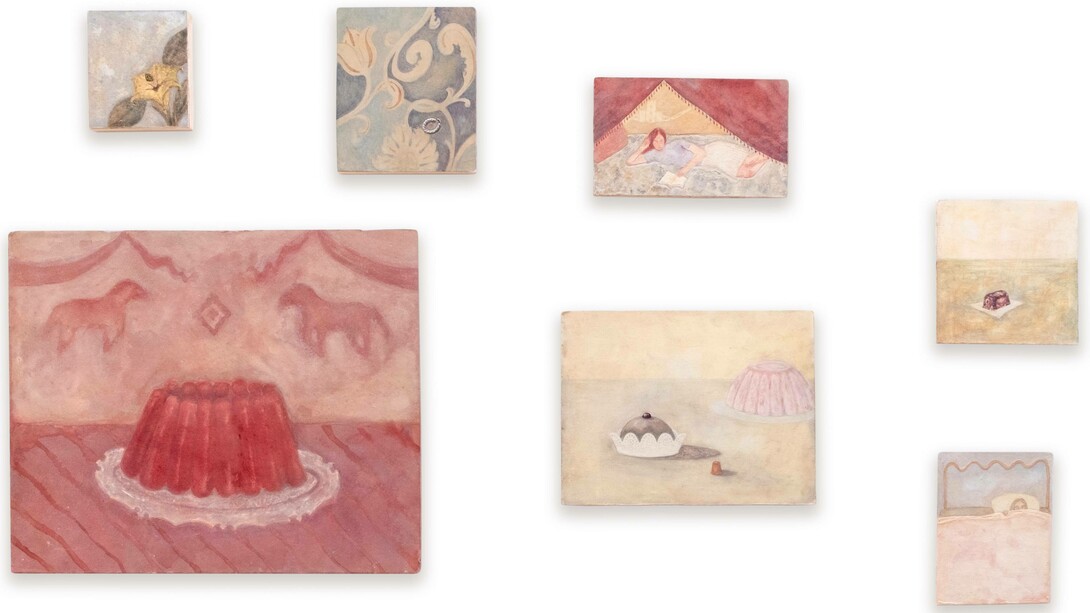 Camilla Giannotti, Reliquie domestiche, 2025 composizione di dipinti su cartonlegno intelaiato