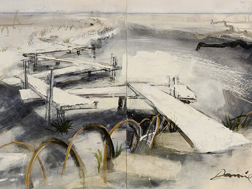 Kate Downie, From Okayama to the Seto Sea, oil on wood, 64 x 184 cm