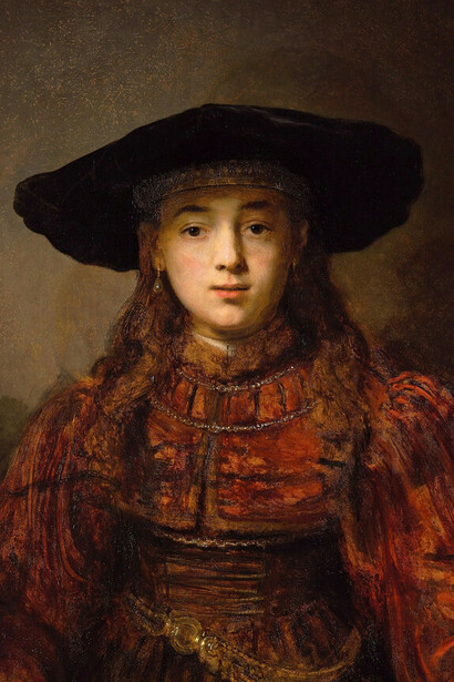 Rembrandt, Mujer joven en un marco, detalle