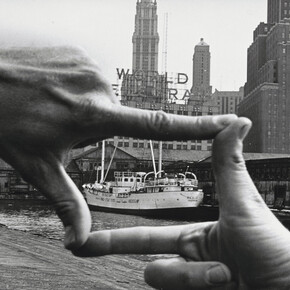 John Baldessari (American, born 1931). Hands Framing New York Harbor from Pier 18. 1971. Photograph by Shunk-Kender (Harry Shunk [German, 1924-2006] and János Kender [Hungarian, 1937-1983]). Gelatin silver print, 7 3/8 × 9 15/16″ (18.8 × 25.2 cm). The Museum of Modern Art, New York. Gift of the Roy Lichtenstein Foundation in honor of Jennifer Winkworth and Kynaston McShine and in memory of Harry Shunk and János Kender. © 2014 John Baldessari. Photograph: Shunk-Kender © J. Paul Getty Trust. The Getty Research Institute, Los Angeles