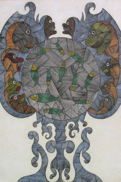 Greedies & Fishes, ink & coloured crayon, 19x14 1/2 in 48x37cm