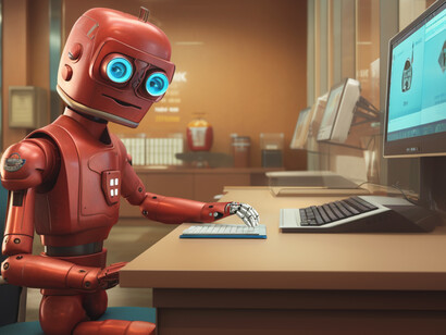 A humanoid robot completing everyday office tasks, such as typing, in a futuristic workplace setting