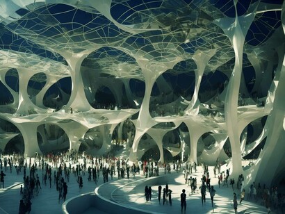 Terrazza di un teatro all'aperto futuristico, immagine realizzata con IA