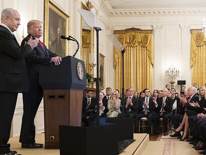 On Tuesday, January 28, 2020, President Donald J. Trump, joined by Israeli Prime Minister Benjamin Netanyahu, delivered remarks in the East Room of the White House to unveil the details of the Trump administration's Middle East Peace Plan in Washington, DC, USA