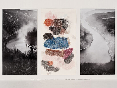 Denise Green, The Saar (and Subjectivity), Section 2, 2014, one work on paper, one photograph, 84 x 145 inches