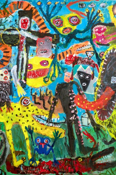 Rob Ober, Faculty Meeting (detail), 2024, acrylic on canvas, 96 x 82 in. Courtesy of the artist and Shrine Gallery