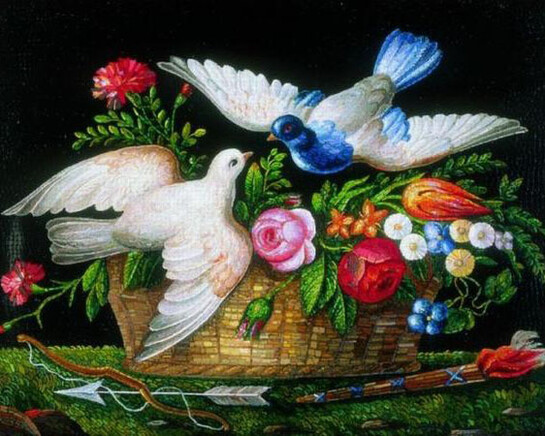 Cesto di fiori con simboli di Amore