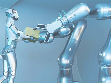 Robots seamlessly moving and organizing boxes in a cutting-edge industrial environment