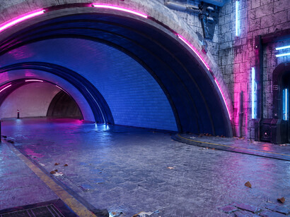 Cinematic 3D illustration of a futuristic cyberpunk city street at night, illuminated by neon lights and glowing holographic signs