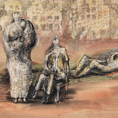Standing, Seated and reclining figures against a background of bombed buildings, Henry Moore. Courtesy of The Henry Moore Foundation, UK
