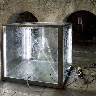 Donato Piccolo, Hope Impluviumâ 2009 glass, aluminium, water, gas nebula, electric motor, hydraulic pumps, neon, sound woofer, amplificator, dim. 110x110x108cm, Photo Ela Bialskova