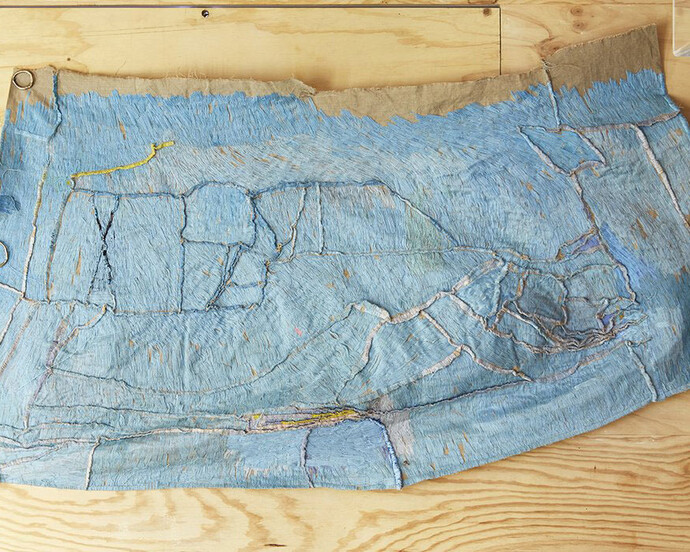 Teelah George, Sky Piece, 2016–17, installation view, Artspace, Sydney, thread, linen, bronze, oil paint, image courtesy and © the artist, photograph: Zan Wimberley