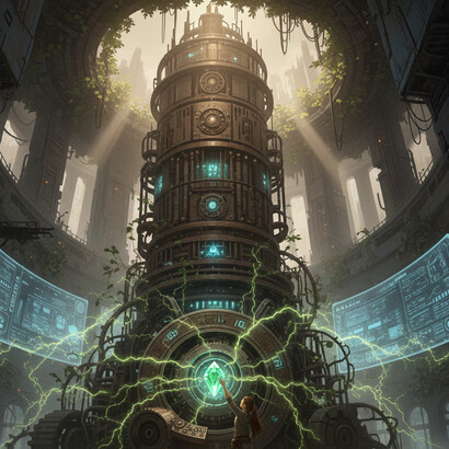 The derelict machine of a highly developed civilization stirs to life as its core artifact—symbolizing epistemic capital—is restored, revealing that functional architecture alone is insufficient; coherence and valid knowing are the true sources of powe