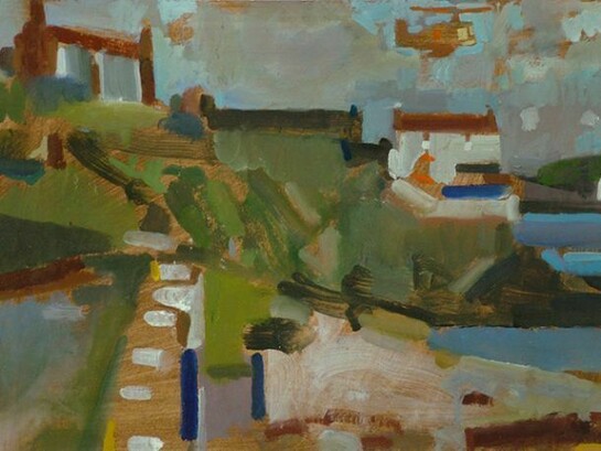 Michael Upton, Landscape with Helicopter, oil on board, 24 x 38 cm