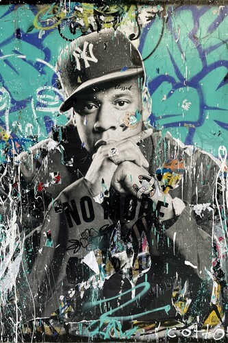 Andrew Cotton, Jay-Z (Rise and grind), mixed media on canvas, 60x48x3 in