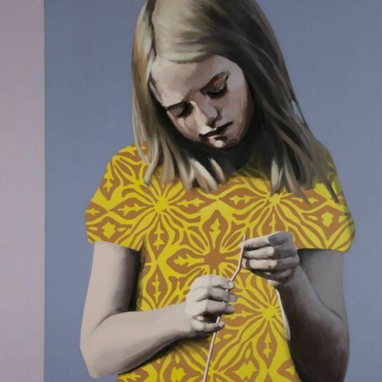 Claerwen James, Girl in Yellow, 2012, oil on board, 35.25 x 28 inches, courtesy of Flowers Gallery