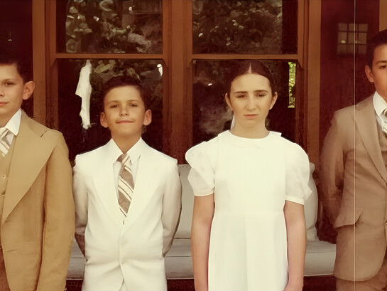 The four Roy siblings standing together with restrained expressions, representing the shared childhood wounds and fractured family bonds at the heart of Succession