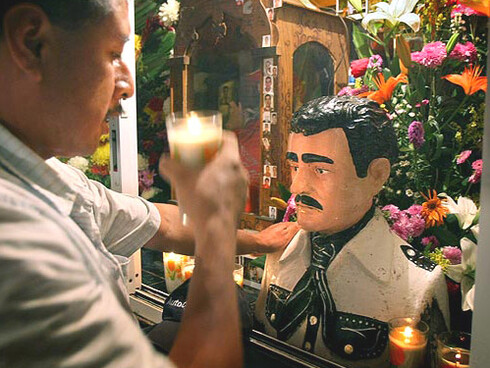 An altar dedicated to Jesus Malverde, "The Saint of the Narcos"