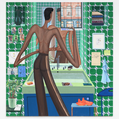 Charlie Roberts, L'avenir du Basket, 2023, acrylic on linen, 63x59.1 inches. Courtesy the artist and Anna Zorina Gallery