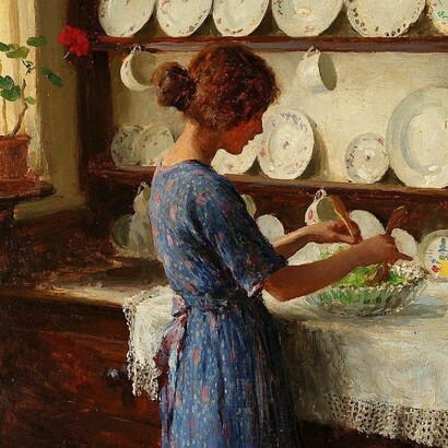 "The Lady of the House", dettaglio, William Henry Margetson, 1900 circa
