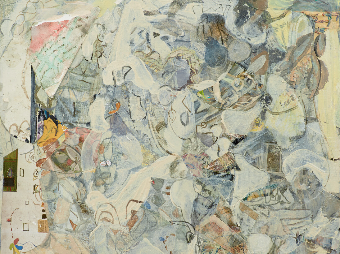 Katy Moran, Cat Heaven, 2014, Acrylic and collage on canvas, Framed dimensions: 16 7/8 x 20 x 2 inches (42.9 x 50.8 x 5.1 cm) © Katy Moran, courtesy of Andrea Rosen Gallery, New York
