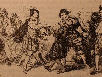 Illustrazione tratta da "I promessi sposi" raffigurante l'omicidio compiuto da Ludovico (fra Cristoforo). Francesco Gonin, edizione 1840