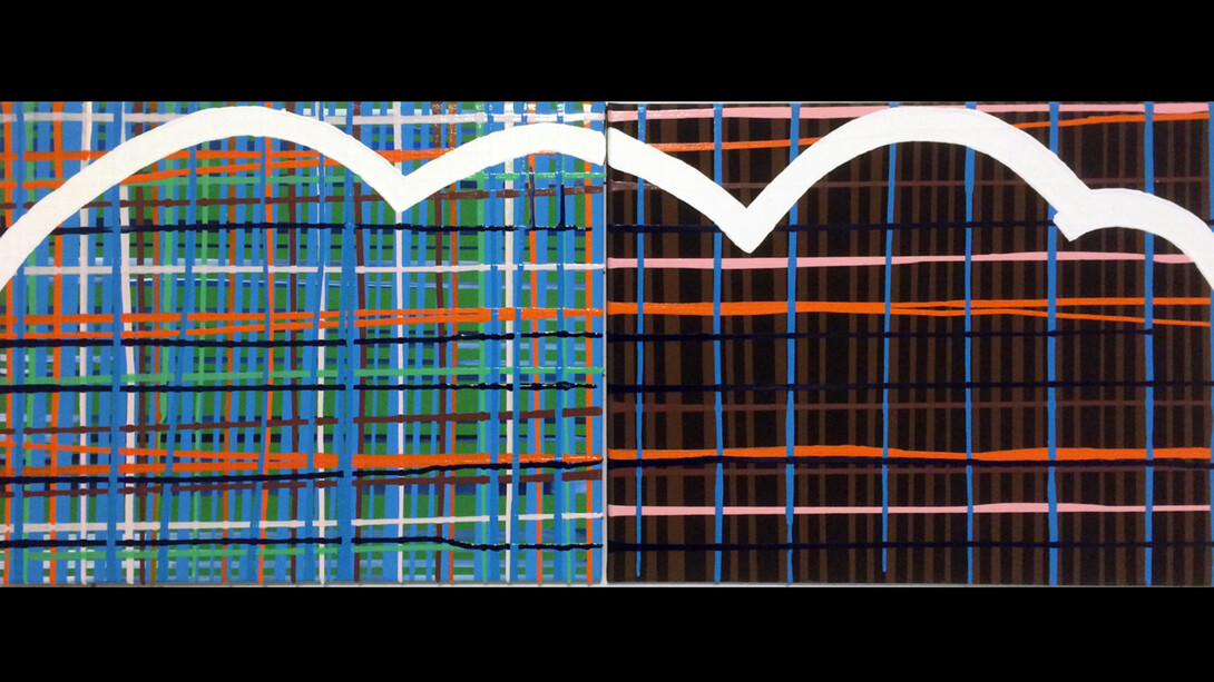 Nate Cassie, Cloudgrid, 2013, signed and dated on the reverse, enamel and flashe on canvas, 16x40 inches. Courtesy of the artist and Ruiz-Healy Art