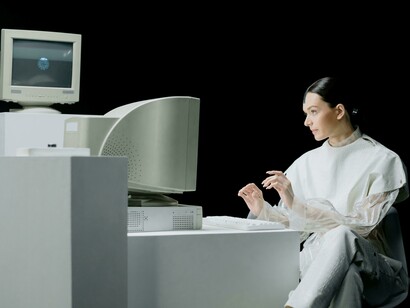 In a futuristic world, a robotic woman wearing a white top works at a computer